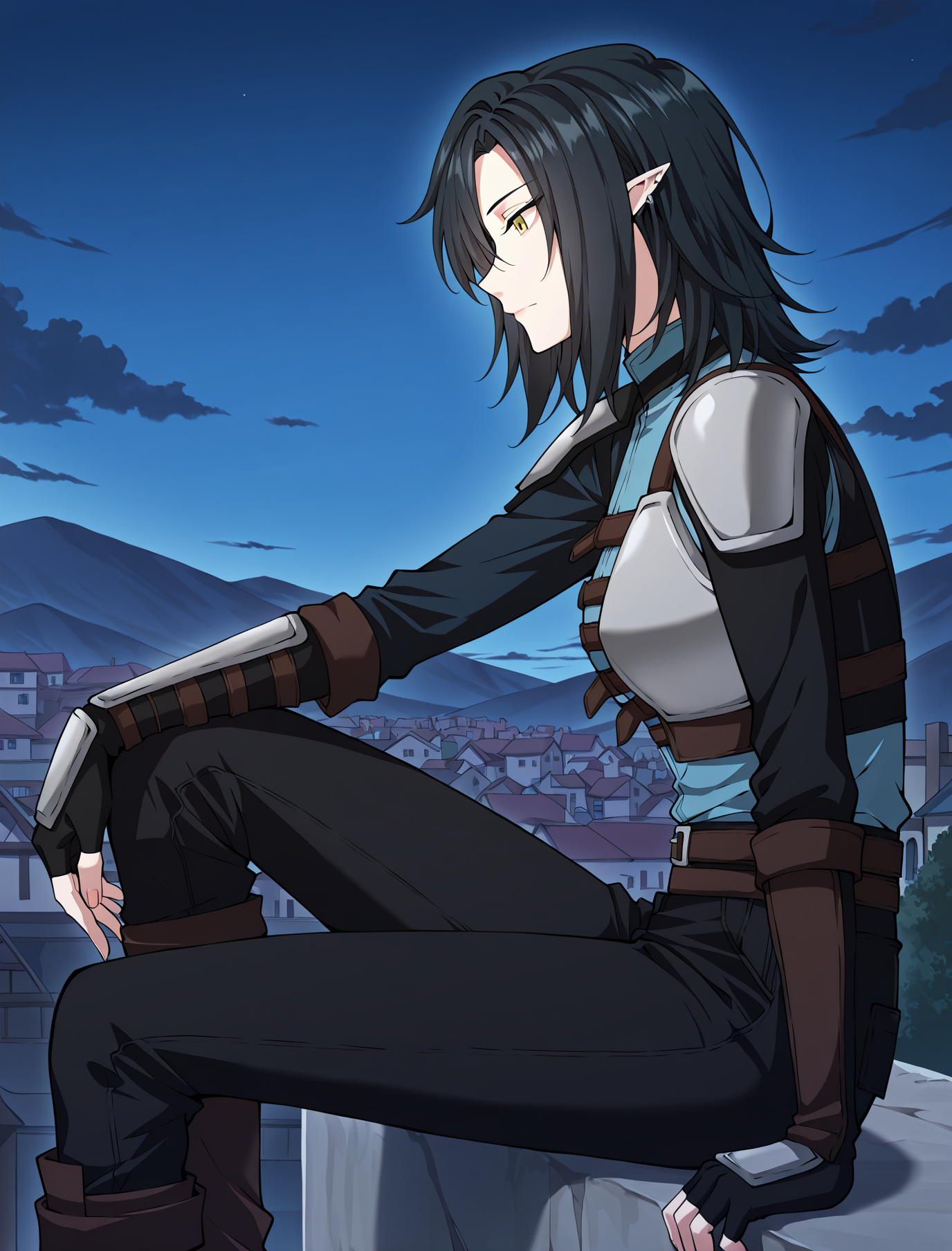 <lora:Helen_Shard__The_Beginning_After_the_End__Illustrious:1>
1 girl, solo, elf, pointy ears, black hair, medium hair, yellow eyes, blue shirt, pants, fingerless gloves, armor, shoulder armor, belt, ear piercing,
shirt, long sleeves, blue shirt, black shirt, black pants, earrings
score_9, score_8_up, score_7_up, score_6_up, source_anime, masterpiece, best quality, absurdres, highres, newest, anime coloring <break>  1girl, solo, sitting, on wall, from side, town, night sky, cloud