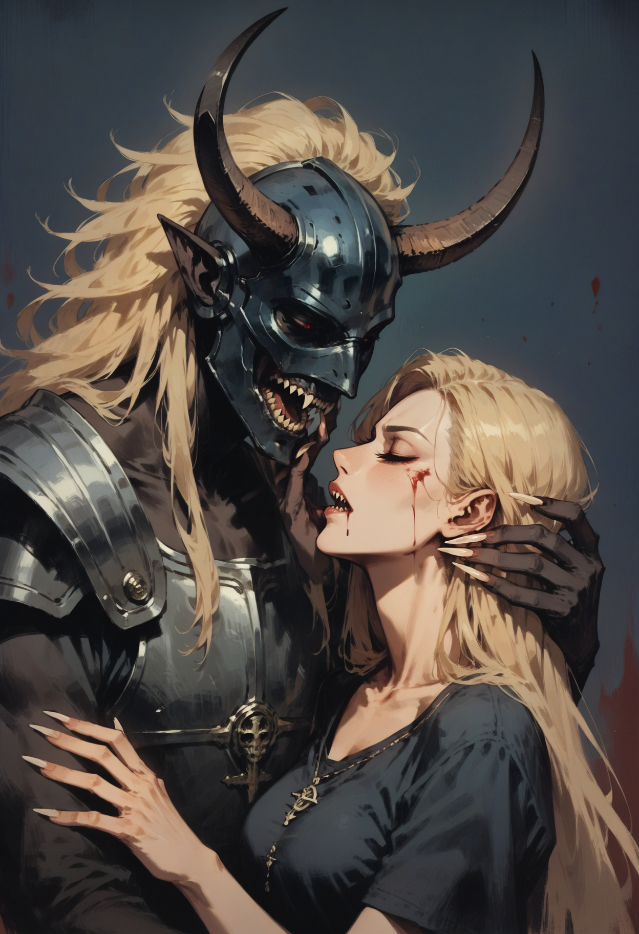 score_9, score_8_up, score_7_up score_9, score_8_up, score_7_up, score_6_up, score_5_up, score_4_up,
<lora:NeonFantasyNocturneV10:1> cult1st,
1girl, long hair, breasts, open mouth, simple background, shirt, blonde hair, 1boy, red eyes, collarbone, upper body, closed eyes, hetero, parted lips, horns, teeth, armor, from side, fingernails, profile, blood, blue background, glowing, blue shirt, sharp teeth, helmet, claws, long fingernails, monster, sharp fingernails, hand on another's face, imminent kiss, dark background, facing another, demon, demon boy, hands on another's face