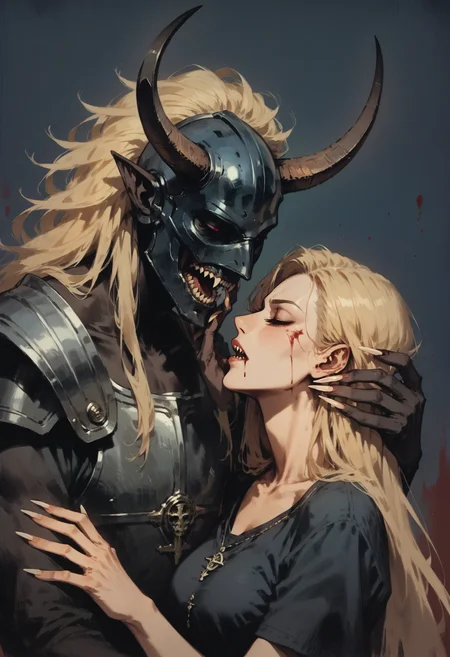score_9, score_8_up, score_7_up score_9, score_8_up, score_7_up, score_6_up, score_5_up, score_4_up,
<lora:NeonFantasyNocturneV10:1> cult1st,
1girl, long hair, breasts, open mouth, simple background, shirt, blonde hair, 1boy, red eyes, collarbone, upper body, closed eyes, hetero, parted lips, horns, teeth, armor, from side, fingernails, profile, blood, blue background, glowing, blue shirt, sharp teeth, helmet, claws, long fingernails, monster, sharp fingernails, hand on another's face, imminent kiss, dark background, facing another, demon, demon boy, hands on another's face