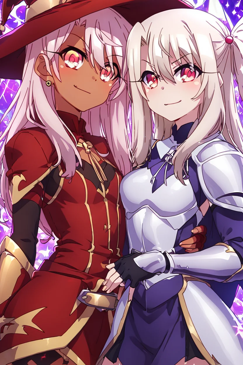 score_9, score_8_up, score_8, big breasts, (curvy), cute, eyelashes, rating safe, BREAK, 2girls, chloe von einzbern, yellow eyes, pink hair, long hair, one side up, dark skin, illyasviel von einzbern, red eyes, white hair, long hair, red eyes, ,,, shiny metal, body armor, breastplate, fingerless gloves, shoulder armor, gauntlets, witch hat, mage robe, gold trim, smug, head tilt, ,,, smile, looking at viewer, ,,, embedding:zPDXL, Expressiveh, <lora:PrismaIllya_PDXL_v3:1.0> <lora:SDXLFaeTastic2400:0.5>, <lora:Expressive_H-000001:0.4>,