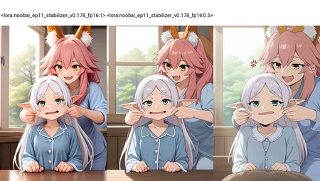 <lora:noobai_ep11_stabilizer_v0.178_fp16:1>2girls,tamamo \(fate\),pink hair,smile,yellow eyes,frieren,white hair,green eyes,anger vein,upper body,open mouth,blue pajamas,cheek pull,indoors,sunlight,tree,masterpiece,