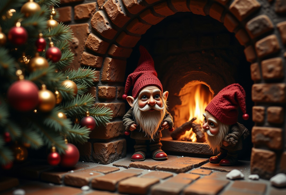 Gnomes trying to steal Christmas tree through the chimney, Christmas atmosphere, ultra realistic, high quality, masterpiece, extremely detailed, hd, high_detailed, captured in high detail, bo-christmas