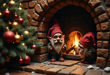 Gnomes trying to steal Christmas tree through the chimney, Christmas atmosphere, ultra realistic, high quality, masterpiece, extremely detailed, hd, high_detailed, captured in high detail, bo-christmas