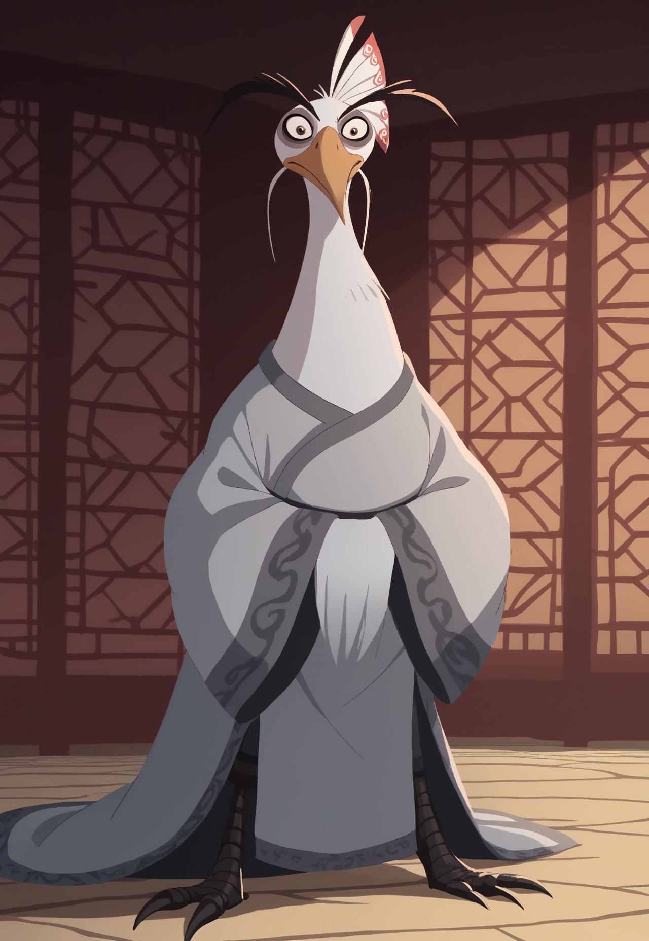 kfp2d, solo, 1boy, MainOutfit_LordShen_ownwaifu, score_9, score_8_up, score_7_up, score_6_up, score_5_up, score_4_up, source_furry, hi res, sfw. 2D artwork.

furry male, beak, bird, long eyebrows, peacock, white feathers, no humans, animal focus, black eyes, long sleeves, antennae, robe, japanese clothes, kimono, white robe, wide sleeves, claws, wings, animal, chinese clothes, whiskers, wide-eyed, 1other, colored sclera, hair stick, hanfu, head fins.

standing, full body, looking at viewer, on a temple, indoors, chinese temple, day.