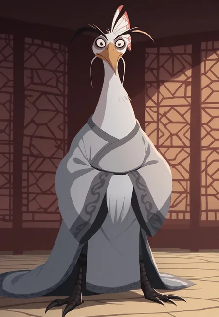 kfp2d, solo, 1boy, MainOutfit_LordShen_ownwaifu, score_9, score_8_up, score_7_up, score_6_up, score_5_up, score_4_up, source_furry, hi res, sfw. 2D artwork.
furry male, beak, bird, long eyebrows, peacock, white feathers, no humans, animal focus, black eyes, long sleeves, antennae, robe, japanese clothes, kimono, white robe, wide sleeves, claws, wings, animal, chinese clothes, whiskers, wide-eyed, 1other, colored sclera, hair stick, hanfu, head fins.
standing, full body, looking at viewer, on a temple, indoors, chinese temple, day.