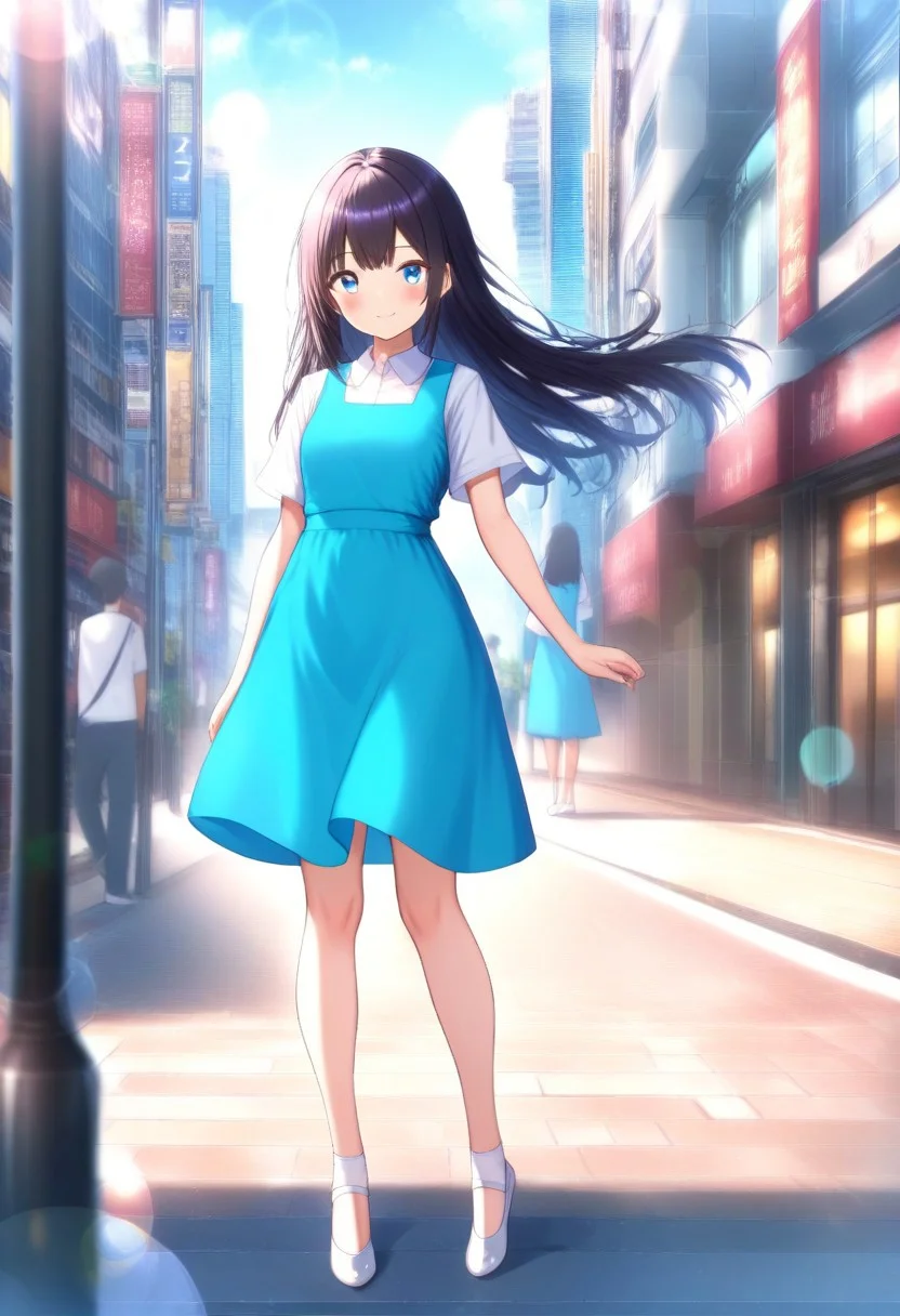 masterpiece, best quality,amazing quality,(1girl), solo,(depth of field),(solo focus),8K,HDR,(ultra high res),(highres),(full body),(lens flare),smile,blush,(black hair),(long hair),(blue eyes),(floating hair), sidelocks,(malaysian secondary school uniform),(pinafore dress),(aqua blue skirt),(blue pinafore),(collared shirt),(white shirt),(short sleeves),(white socks),(short socks),(white footwear),(ballet flat),(outdoor),(cityspace),(city),(street),(lampost),(standing),(looking at viewer)