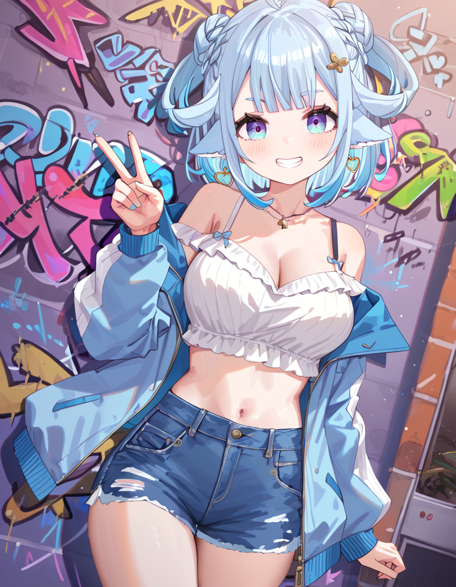 score_9_up, score_8_up, score_7_up, score_6_up, 1girl, (MinaiAruma:1.1), cleavage, 
grin, (v over eye:1.1), (graffiti:1.5) crop top, off shoulder, denim jacket, denim shorts, crystal earrings, hair ornament, dynamic pose, looking at viewer, graffiti, popular style, wide_shot, dutch angle, foreshortening, 
<lora:MinaiArumaXL_autismmixPony:1>, masterpiece, newest, absurdres