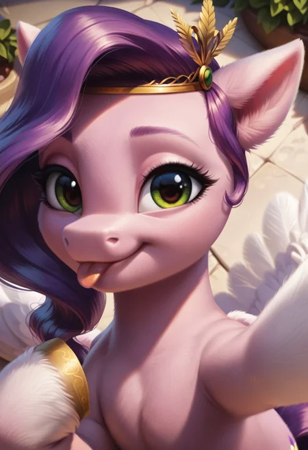 score_9, score_8_up, score_7_up, score_6_up, score_5_up, score_4_up, my little pony, ((feral pony)), Pipp Petals, 1girl, ((solo)), (sexy), beautiful, detailed, (detailed cute pony face), detailed eyes, detailed fur, detailed hooves, beautiful, vector, flat colors, (beautiful long eyelashes), (beautiful hooves), (looking at you, looking at viewer:1.5), smiling, happy, closed mouth, tongue out, selfie, ((close-up)), high angle