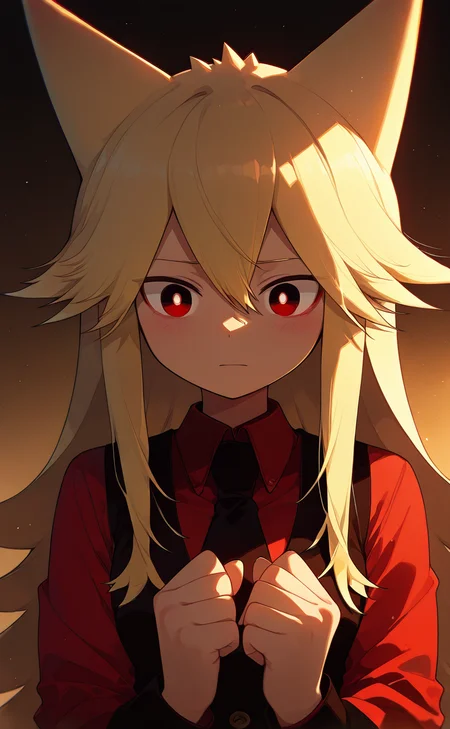 <lora:Moge_v8:1>,masterpiece,best quality,amazing quality,very aesthetic,absurdres,newest,score_9_up,score_8_up,score_7_up,detailed face,detailed eyes,Highest Quality,1girl,Moge-ko,Moge-ko girl,long hair,blonde hair,red eyes,animal ears,symmetrical face,
sidelighting,wooden_lantern,evening,dark,beige_background,looking_at_another,Emotions_and_expressions,clenched_hands,ears_through_headwear,Subject_matter,