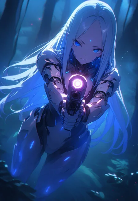 ((masterpiece), (best quality), (ultra-detailed),
illustration, 3DMM,
1woman, absurdres, deep blue eyes, blue hair , very long hair, forehead, looking at viewer, trees, night, forest, futuristic, hand prosthesis, scifi , lrg prosthesis, glossy, armor, cyborg, perfect body, golden and red glow, mechanical joints, standing,
chiaroscuro shading,handgun,
aiming a gun,
action shot, aiming, holding gun, maneuver, very aesthetic, ultra high res, upper body, aiming at viewer, insane face , evil grin,
,blue neon, prostheses, cyber prostheses, drone shot above, viewer looking from above)