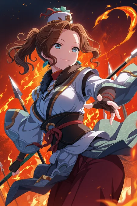 masterpiece, best quality, amazing quality,
<lora:Hisame_IL:1> hisame, 1girl, brown hair, weapon, blue eyes, gloves, fingerless gloves, earrings, polearm, hat, ponytail, jewelry, fire, solo, japanese clothes, smile