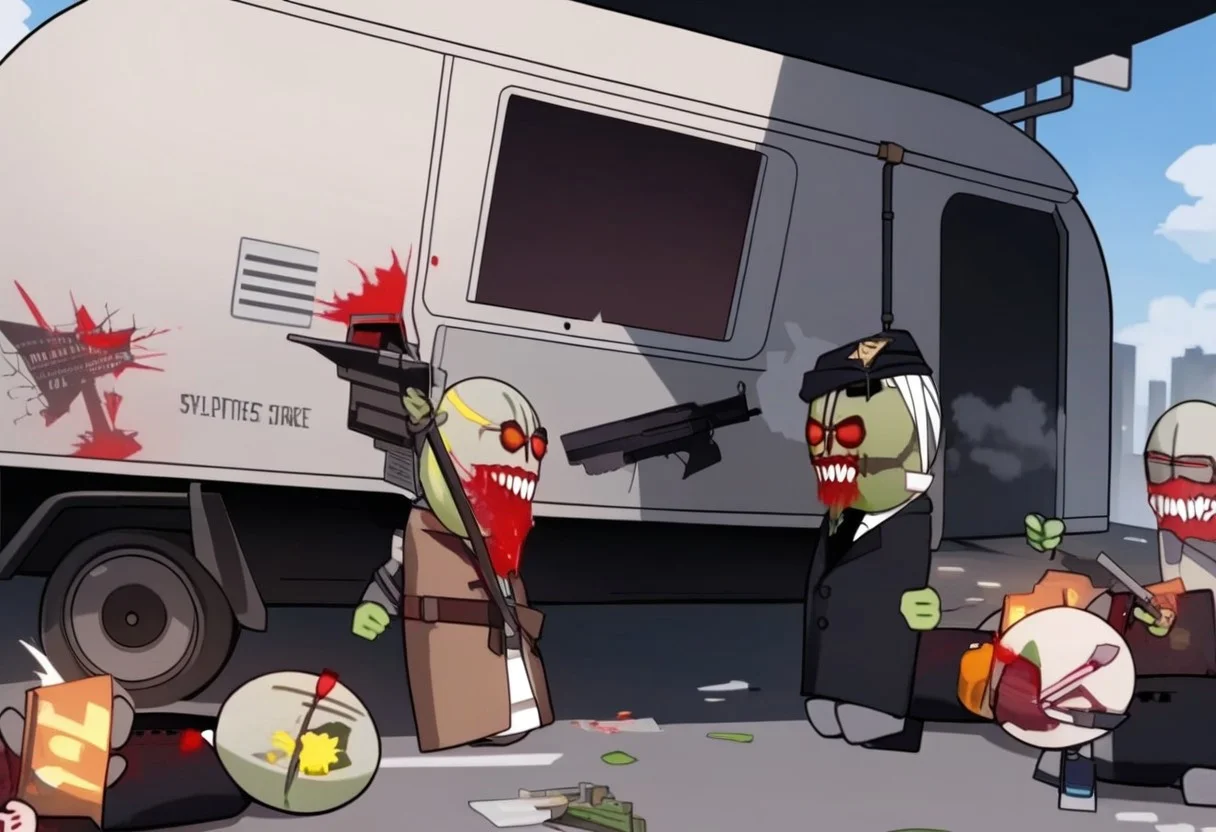 masterpiece, best quality, MADNESS COMBAT STYLE, OUTDOOR, multiple others ,corpses, ZOMBIES