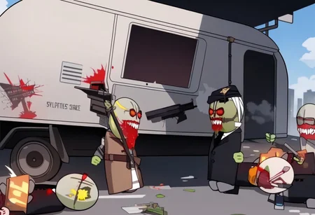 masterpiece, best quality, MADNESS COMBAT STYLE, OUTDOOR, multiple others ,corpses, ZOMBIES