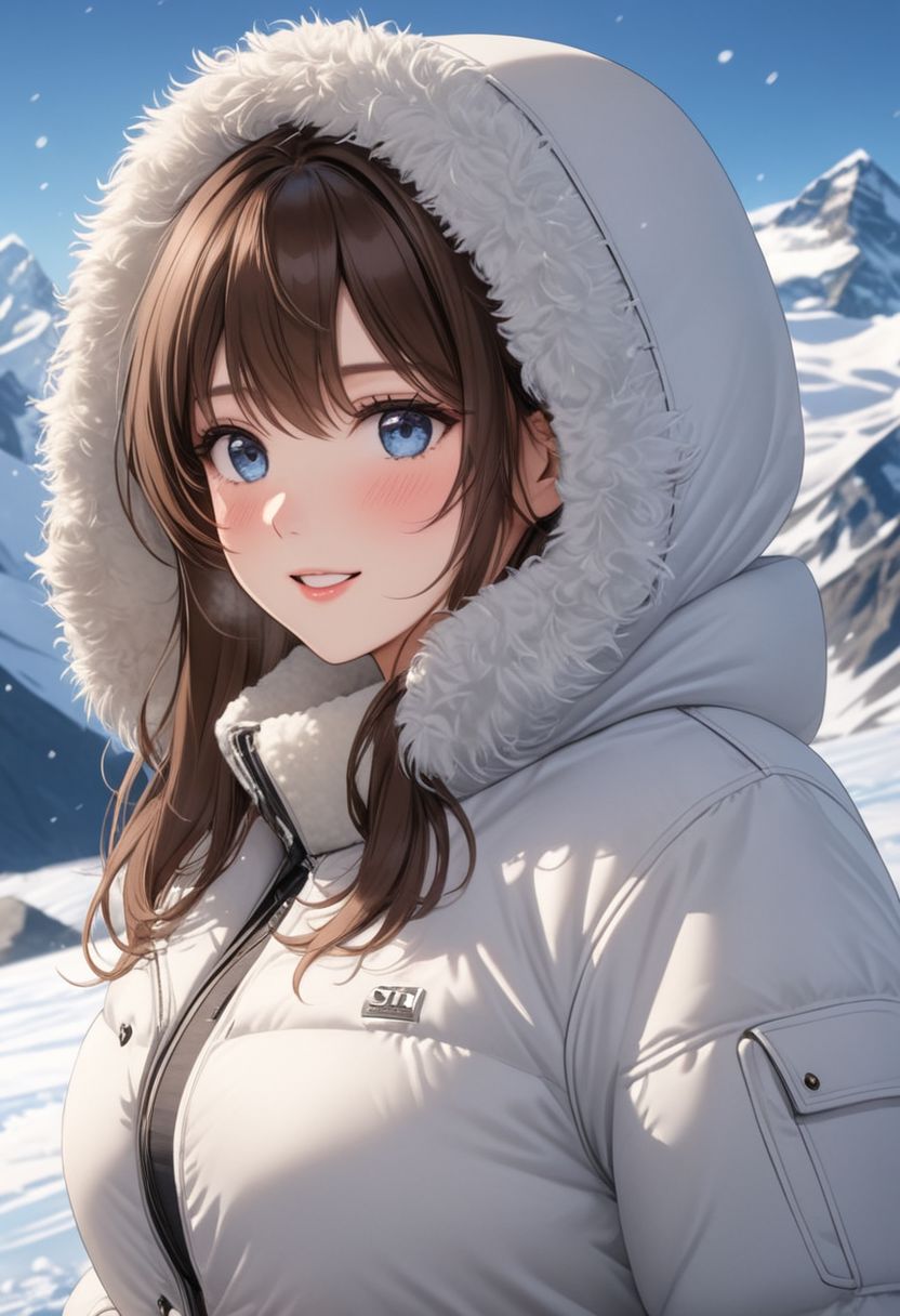 ((((white Oversized shearling down jacket)))), ((((white Oversized shearling puffer jacket)))), ((((white Oversized shearling winter clothes)))), ((((very very cold, in cold)))), ((((semi-realistic)))), ((((puffer hood)))), ((medium knee office skirt, pantyhose)), ((((cowboy shot)))), ((sharp eyelid, eyeliner, eyelashes, beautiful detailed eyes, tsurime, long messy brown hair, blue eyes, perfect anatomy)), smile, walking, icefield, dynamic pose, ((((masterpiece)))), ((((best quality)))), ((intricate details)), RAW, 8K UHD, (1girl), office lady, detailed face, beautiful face, charming, bonny, (((blush))), (((heavy breathing))), (((feels orgasm))), wind, (Thick padded collar:1.4), (TSH:1.4), (Thick padded cuffs:1.4)