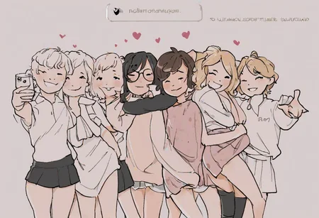 lgbtq,femboys, different clothes, cute clothes, skirt, hug, smiling, selfie
<lora:Gwen-10:0.8>,
<lora:gopheralphastyle_10:0.6>,
<lora:mamimiArtworkStyle_v10:0.4>,
<lora:add_detail:0.8>.
<lora:ntrface-wasabiya:0.6>
<lora:half-closed eyes:0.4>
<lora:milfication:0.4>
<lora:breastsizeslideroffset:0.35>