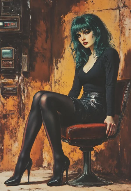 FictionalPoison, goth girl with dark green hair. sitting on a chair, wearing a short skirt with black pantyhose and black heels,80s vintage pulp sci-fi magazine cover