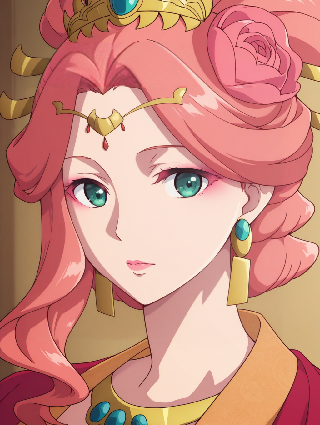 1girl,portrait, 
ymyy,pink hair,single sidelock,hair ornament,hair stick,hair flower,hair bun,updo,forehead jewel,green eyes,pink eyeshadow,pink lips,earrings,necklace,red robe,
looking at viewer,,<lora:ywyvyev2_noob:1>
