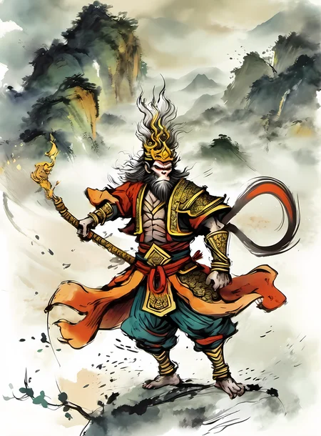 monkey king, ancient style, ink style, <lora:ink-xl-v1:1>