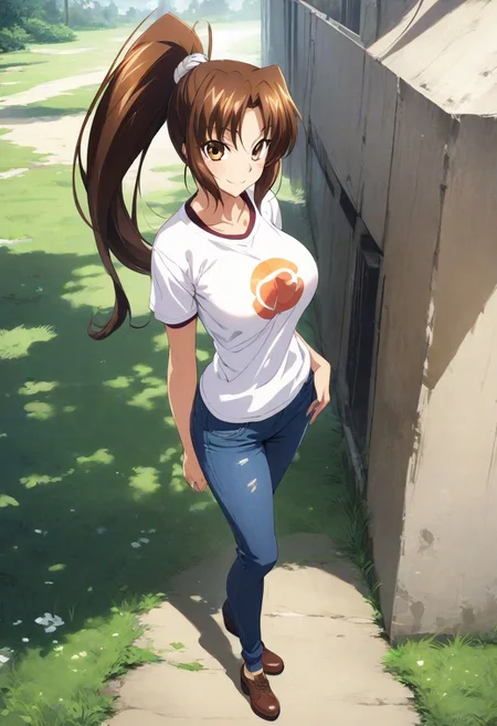 (masterpiece),(best quality),(ultra-detailed),(best illustration),(best shadow),(absurdres),(detailed background), (very aesthetic), mai shiranui, 1girl, solo ponytail, brown hair, brown eyes, large breasts, casual outfit, t-shirt, standing, smile, looking at viewer, jeans, torn jeans, brown shoes, full body,
