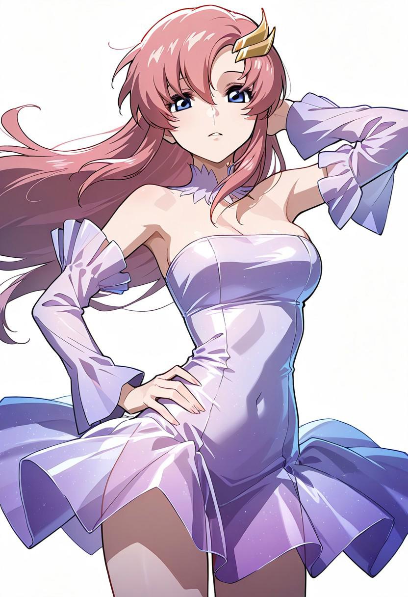 masterpiece, best quality, 1girl, cute, Lacus Clyne, ((wearing transformation dress: 1.3)), transparent dress, bare shoulders, white background, empty void, (cowboy shot: 1.5), looking at view, one hand on hip, one hand behind head,