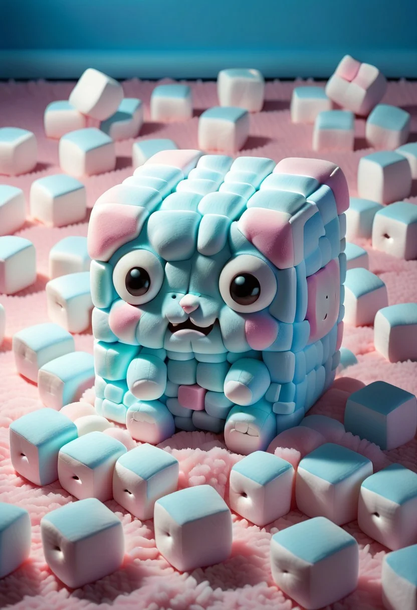 light blue cute little kawaii cube creature made out of Jed-mrshmlw sleeping on a fuzzy pink carpet