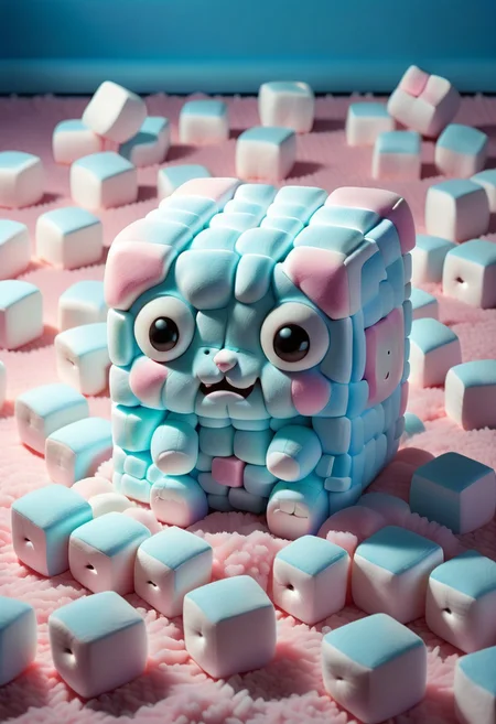 light blue cute little kawaii cube creature made out of Jed-mrshmlw sleeping on a fuzzy pink carpet