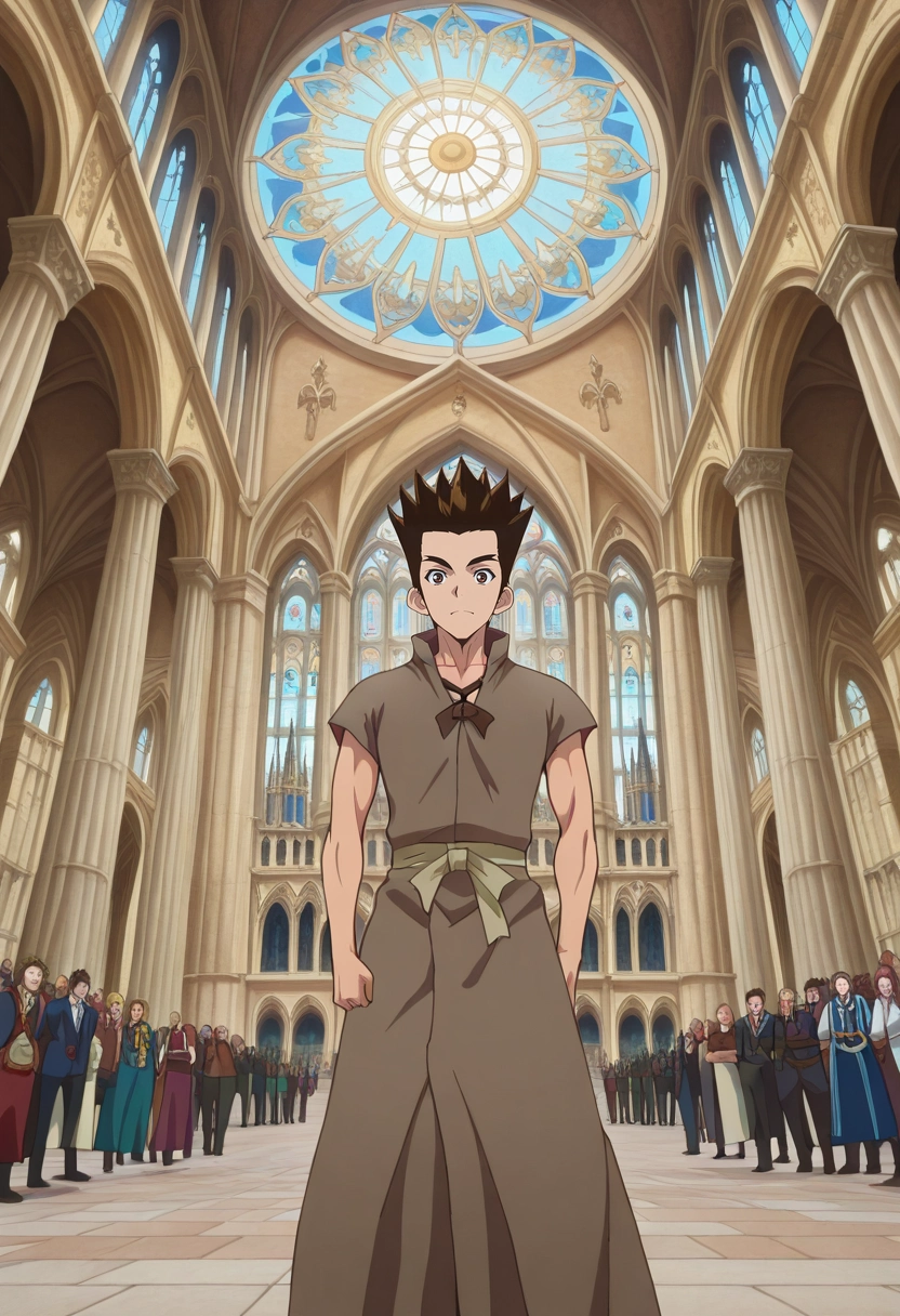 masterpiece, best quality, , anime screencap, , official style, , 1boy, solo, male focus, <lora:taiju_ooki_ilxl:1>, taiju_ooki, brown hair, brown eyes, short hair, spiked hair, Milan Cathedral, Italy, ornate spires, crowded square, standing pose, admiring expression, midday sun,