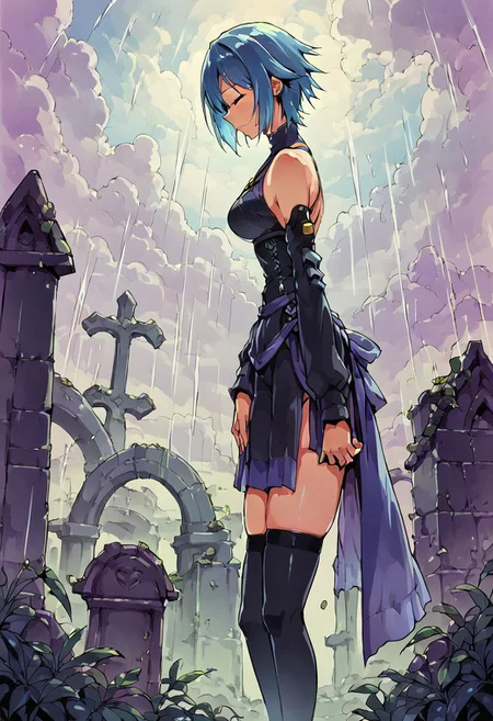 score_9, score_8_up, cowboy shot, solo focus, solo, aqua, outdoors, wide hips, narrow waist, skindentation, thigh highs, closed mouth <lora:AquaSDXL:1> , takeda hiromitsu style, solo, graveyard, praying, closed eyes, rain, outdoors, cloudy sky, leaf, ruins, sunbeam, on her knees, side view,