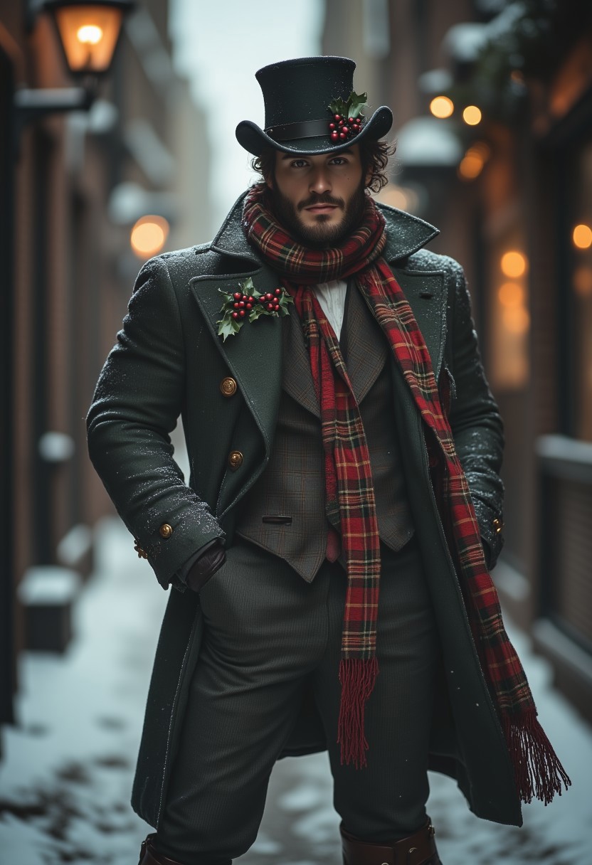 This is a high-resolution, artistic photograph set in a snow-covered, dimly lit urban alleyway, possibly in a Victorian or steampunk-inspired setting with cuper glasses. The subject is a ruggedly handsome man with a thick beard and curly hair, dressed in a dark, textured overcoat with intricate, brass-button detailing. He wears a tall, black top hat adorned with a sprig of holly and red berries, adding a festive touch. His attire includes a plaid scarf in red and green, draped elegantly around his neck, and a dark, checkered vest under a long, green.