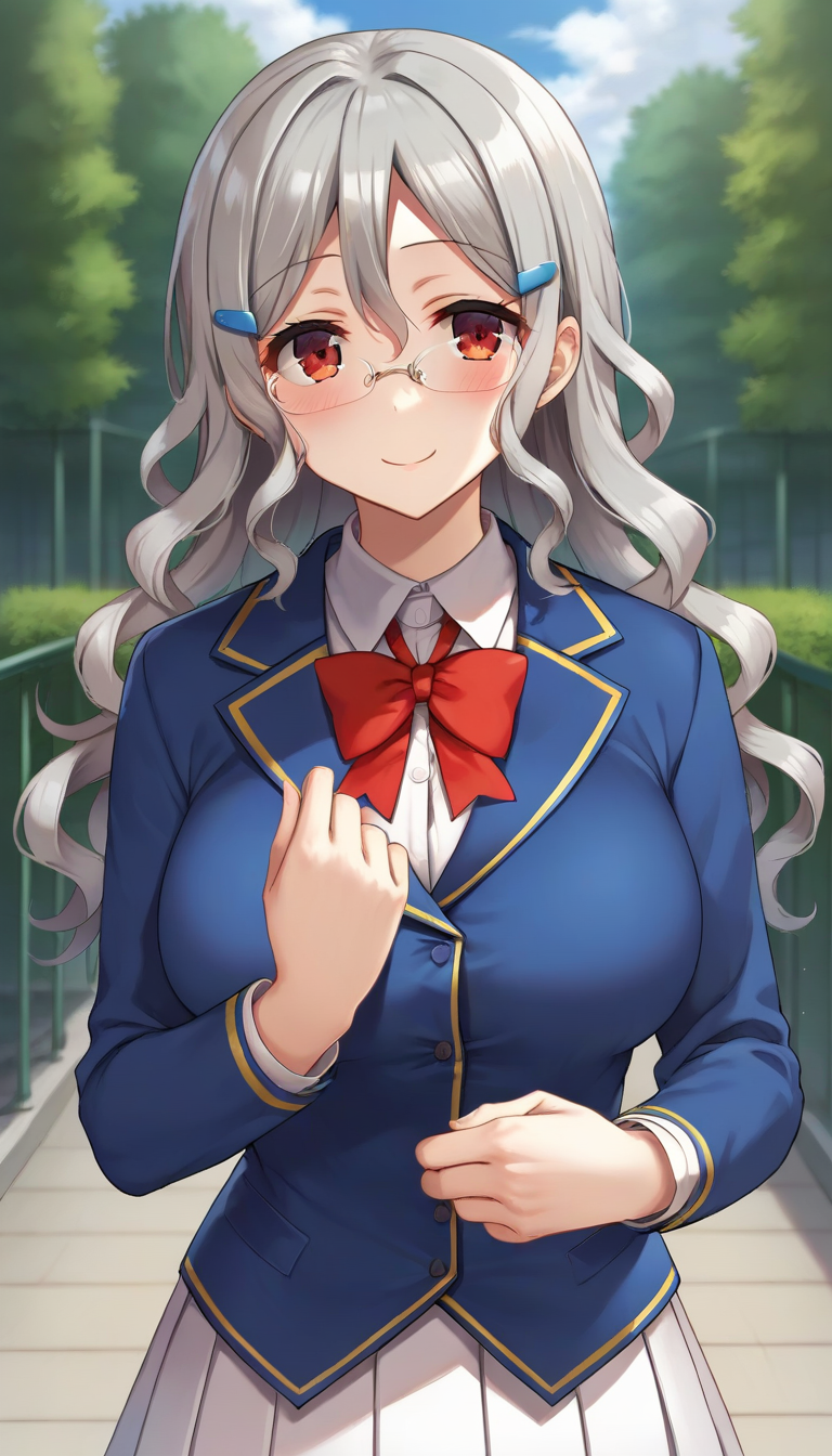 score_9,score_8_up,masterpiece,best quality,correct anatomy,anime_source,1girl,solo,perfect eyes,perfect arms,perfect legs,perfect face,outdoors,upper body,(portrait:1.5),looking at viewer,facing viewer,smile,blush,Nakayama Haruka,long curly hair,grey hair,hair ornament,hairclip,sidelocks,hair between eyes,parted bangs,red eyes,glasses,school uniform,blue jacket,blazer,white shirt,collared shirt,red bowtie,large breasts,skindentation,miniskirt,white skirt,pleated skirt,zettai ryouiki,black thighhighs,loafers,<lora:Nakayama Haruka(k7d)-Pony:1.2>,