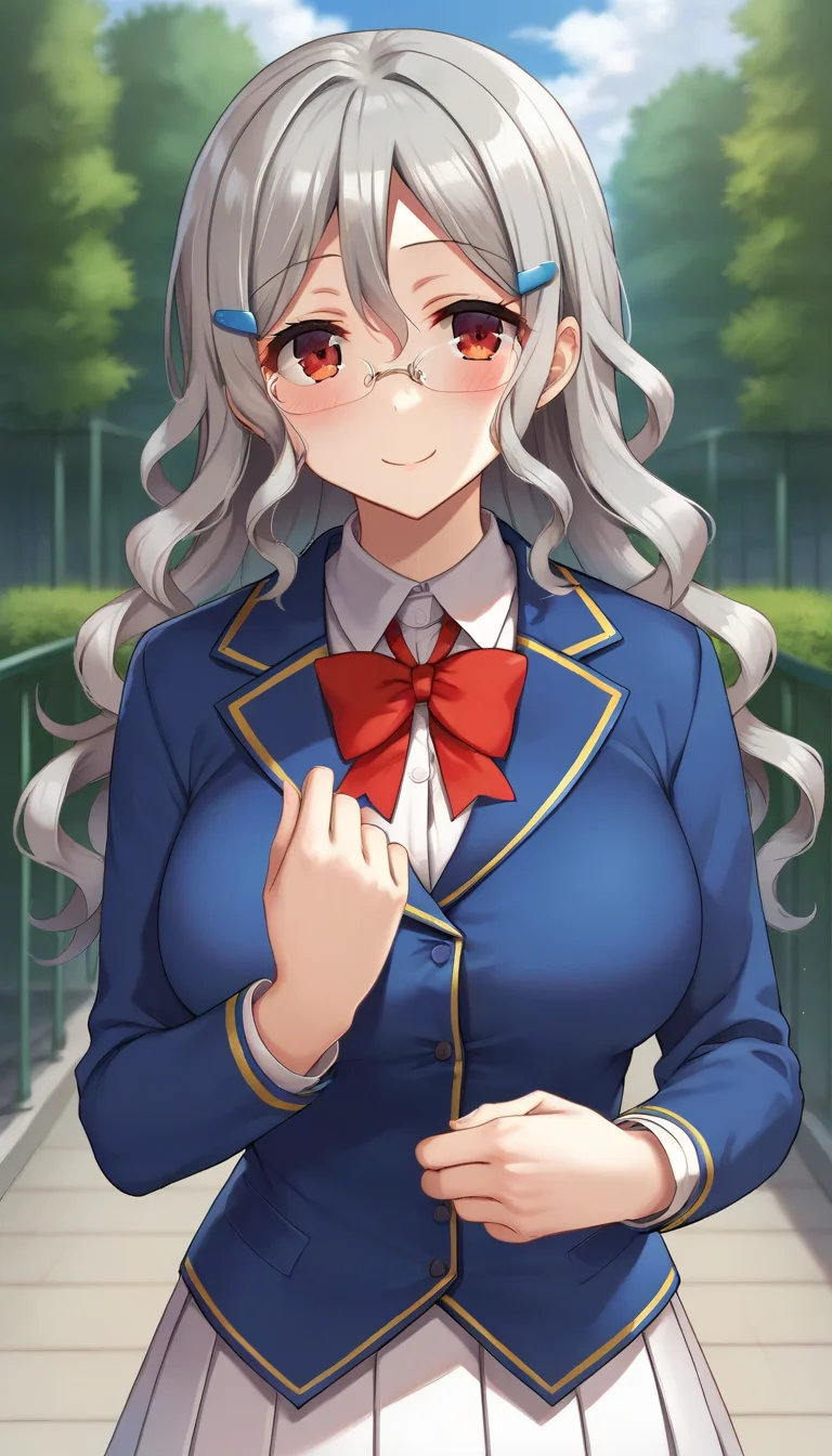 score_9,score_8_up,masterpiece,best quality,correct anatomy,anime_source,1girl,solo,perfect eyes,perfect arms,perfect legs,perfect face,outdoors,upper body,(portrait:1.5),looking at viewer,facing viewer,smile,blush,Nakayama Haruka,long curly hair,grey hair,hair ornament,hairclip,sidelocks,hair between eyes,parted bangs,red eyes,glasses,school uniform,blue jacket,blazer,white shirt,collared shirt,red bowtie,large breasts,skindentation,miniskirt,white skirt,pleated skirt,zettai ryouiki,black thighhighs,loafers,<lora:Nakayama Haruka(k7d)-Pony:1.2>,
