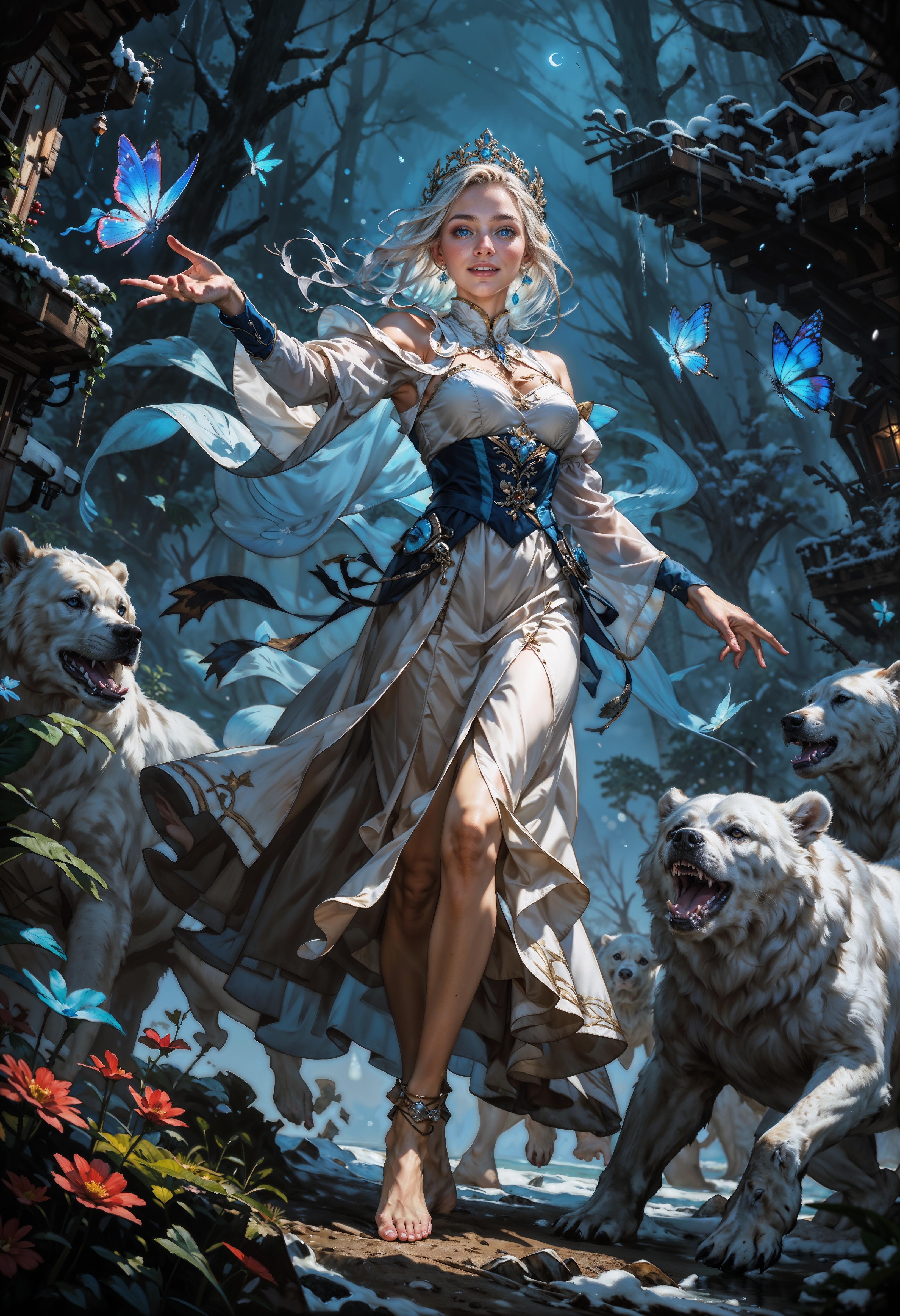 score_9, score_8_up, score_7_up,  masterpiece, intricate, detailed, vibrant colors, BREAK, fantasy, blue and white, dynamic pose, from below, BREAK, elven priestess, beautiful, dainty, white robe, long white hair, dancing, smiling, windy, barefoot, Anklets, glowing blue eyes, BREAK, outside, starry night, enchanted forest, snow, ice, blue glowing butterflies, walking the snowy garden, cute snow slimes, starry night, snowflakes, cute polar bear, cute ice wolf,   <lora:Concept Art DarkSide Style LoRA_Pony XL v6:0.8> concept art, <lora:GwentStyle_v2:0.6> gwentstyle <lora:Expressive_H-000001:0.8> expressiveh