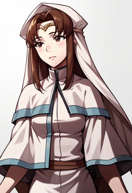 score_9, score_8_up, score_7_up, source_anime BREAK 1girl, solo, <lora:zs_AwakeningPortraitsXL:1> awakeningportraits, portraits, white background,  , <lora:feelen-pdxl-nvwls-v1-000005:1> elen, brown hair, veil, circlet, white dress, capelet, large breasts