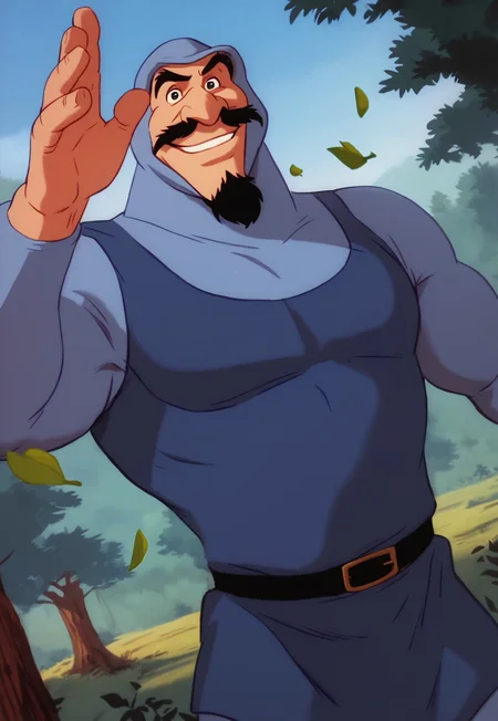 score_9, score_8_up, DukeIgthorn, black hair, black eyes, mustache, beard, mature male, muscular, hooded bodysuit, hood up, blue tunic, looking at viewer, smile, dynamic pose, detailed background, dutch angle, forest, trees, blue sky, portrait, black belt, leaves on the wind,