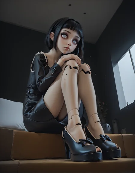 score_9, score_8_up, score_7_up, score_6_up, score_5_up, score_4_up,
1girl, goth, black dress, black hair,
doll, ball joints, long legs, blank eyes, wide eyes, blank stare, looking at viewer, expressionless,
knees to chest, sitting, knees up, hugging own legs,
indoors, school,
(from below), (from side:1.1), foot focus,
wide angle, fisheye lens,
night, dark, dark background, Low-key lighting,
light particles,
(r3w1nd heels),
embedding:zPDXL2 ,