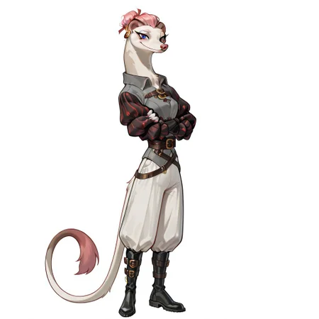 Veruca_D, Solo, 1girl, anthro, female furry, Weasel, white fur, pink hair, pink nose, blue eyes, eyelashes, bags under eyes, long tail, gold earrings, Gray collared shirt, waist belt, buckles, white pants, red and black puffy sleeves, black boots, fingerless gloves, full body, looking at viewer, standing, smile, arms crossed, white background,