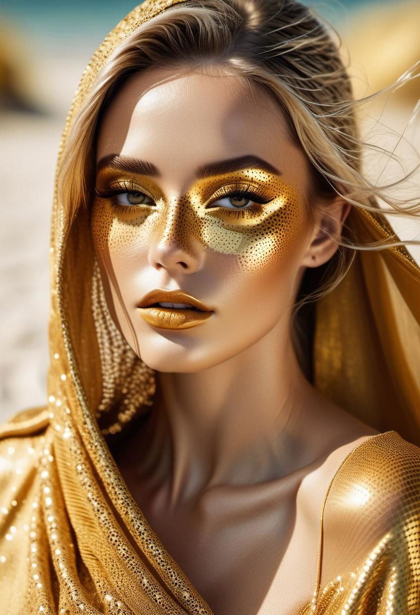 Fashion photography long shot of sexy young woman with (freckles) wearing (golden cloths) with (intricate model) and partially see-trough, outdoor, warm light, relaxed, golden lips, golden sunglasses, golden hair.