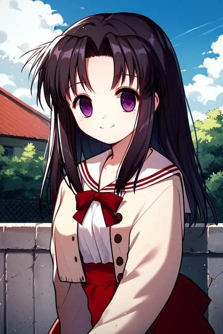 score_9, score_8_up, score_7_up, score_6_up, rating_safe, source_anime, best quality, masterpiece, detailed background, school rooftop, sunny, fence, <lora:kawana-misaki-xl-04:1>, kawana misaki, black hair, purple eyes, empty eyes, school uniform, red skirt, white kneehighs, medium breasts, smile,