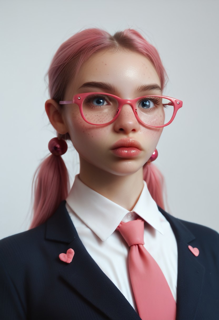 score_9, score_8_up, score_7_up, score_6_up, score_5_up, score_4_up,  realistic, realism, dramatic angle, (focus on face), high detail, smooth, sharp lines, detailed, masterpiece, very aesthetic, high quality, (best quality:1.1), photorealistic, girl, solo, glasses, hair bobbles, freckles, bow, GretechenR, small natural saggy breasts, flat chest, , covered top,  school tie,, nipple slip, ( huge areolas:1.3), (huge long fat nipples:1.4), pink ponytails, ( flashy big pink long hair:1.1), large blue eyes, heavy posture collar, thick lips, shiny red lips