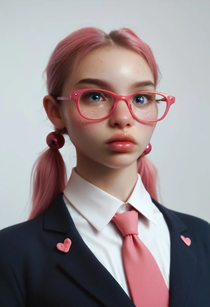 score_9, score_8_up, score_7_up, score_6_up, score_5_up, score_4_up,  realistic, realism, dramatic angle, (focus on face), high detail, smooth, sharp lines, detailed, masterpiece, very aesthetic, high quality, (best quality:1.1), photorealistic, girl, solo, glasses, hair bobbles, freckles, bow, GretechenR, small natural saggy breasts, flat chest, , covered top,  school tie,, nipple slip, ( huge areolas:1.3), (huge long fat nipples:1.4), pink ponytails, ( flashy big pink long hair:1.1), large blue eyes, heavy posture collar, thick lips, shiny red lips