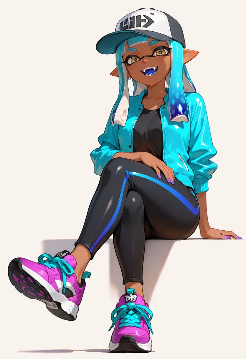 masterpiece, best quality,absurdres, ultra-detailed, high resolution,
inkling, 1girl, blue hair, hat, jacket, dark skin, sitting, shoes, pointy ears, crossed legs, smile, open mouth, dark-skinned female, solo, looking at viewer, colored tongue, long hair, baseball cap, pants, open jacket, open clothes, simple background, leggings, fangs, sneakers