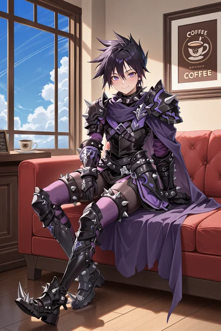 masterpiece, very aesthetic, absurdres, best quality, amazing quality, high resolution, <lora:illustrious_quality_modifiers_masterpieces_v1:0.8> , <lora:ChamIllustriousBackgroundEnhancer:0.5>, <lora:LeonIL:0.8> , LeDef, 1boy, purple eyes, scar on forehead, spiked hair, black hair, spiked collar, spikes, spiked armor, shoulder spikes, armor, black armor, faulds, purple faulds, gauntlets, black gauntlets, cape, purple cape, black bodysuit, bodysuit under clothes, spiked belt, greaves, black greaves, spiked shoes, spiked thighhighs, purple thighhighs, full body, smile, day, sitting, coffee shop, looking at viewer, interior, window, blue sky, clouds,