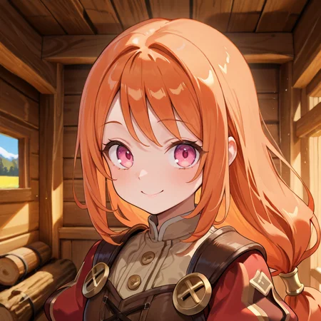 masterpiece, very aesthetic, absurdres, best quality, amazing quality, high resolution, <lora:illustrious_quality_modifiers_masterpieces_v1:0.8> , <lora:ChamIllustriousBackgroundEnhancer:0.5>,  <lora:MonicaIL:0.8> , MoniDef, 1girl, pink eyes, long hair, orange hair, low-tied long hair, juliet sleeves, red juliet sleeves, (shoulder pads), white clasps, beige shirt, buttoned shirt, buttons, corset, brown corset, looking at viewer, (face, close-up), portrait, smile,  solo, interior, log cabin,