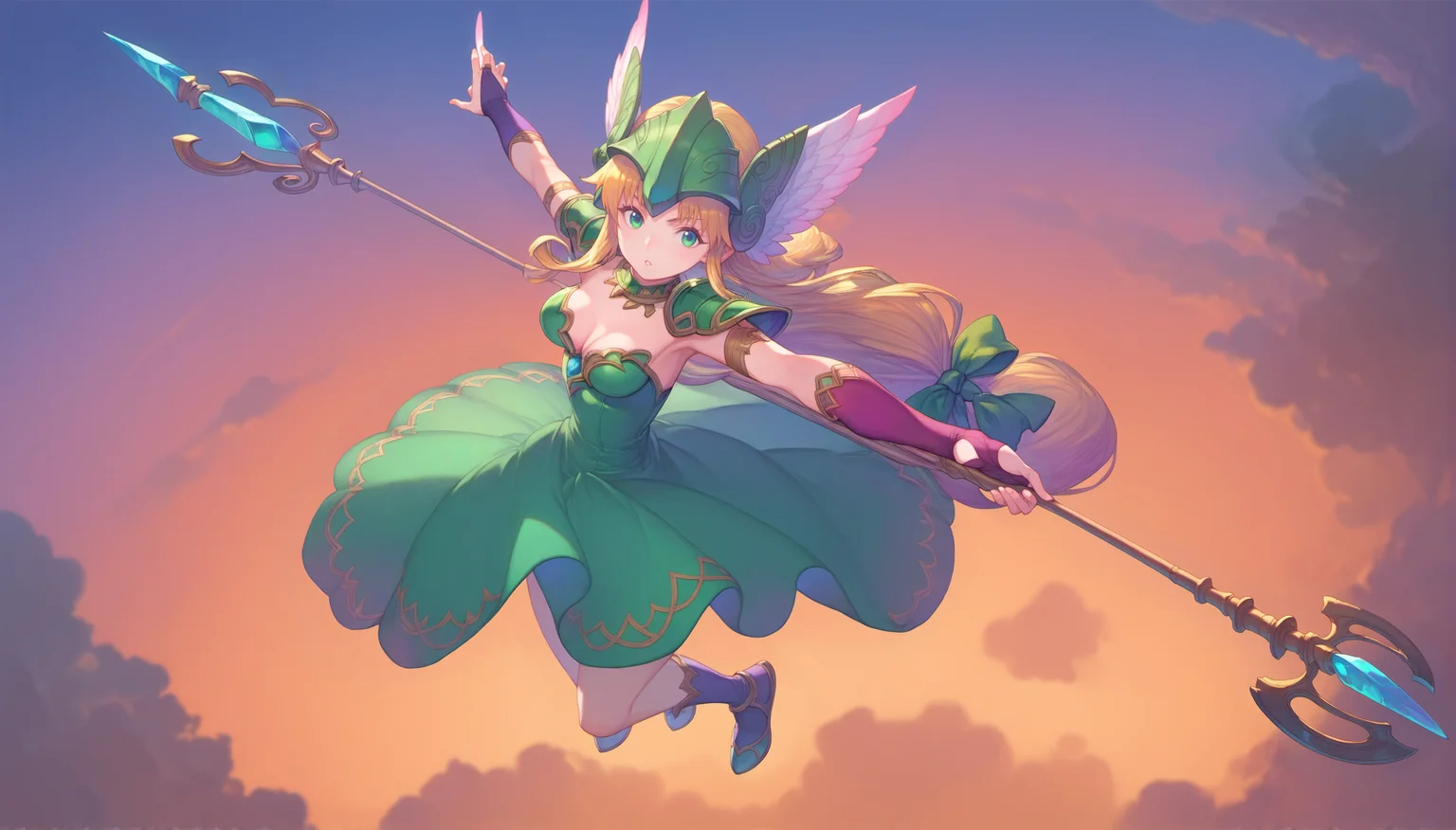 score_9, score_8_up, score_7_up, score_6_up,
seiken_densetsu_mana_xl, 1girl, riesz, trident, long hair, solo, blonde hair, low-tied long hair, helmet, breasts, green bow, cleavage, shoulder armor, winged helmet, blue|green eyes, green dress, very long hair, hair bow, bridal gauntlets, medium breasts, looking at viewer, full body, holding polearm, pauldrons, parted lips, dynamic pose,
floating, whorled clouds, above clouds, sky, castle,
from above, cowboy shot, close-up
<lora:seiken-densetsu-mana-pony:0.8>
<lora:IOS_Iridescent_opal_style:0.8>