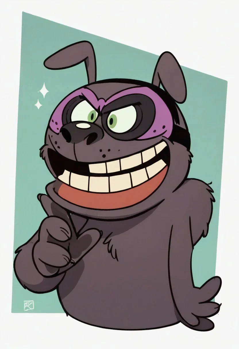 (score_9 | score_8_up | score_7_up) ((masterpiece:1))(best quality,very high quality,ultra detailed:1.2) (2D,cartoon style,anime style)(Smooth:2)(clean blurring) (four fingers on each hand,one thumb on each hand:1), solo, cartoon, score_7_up, charles, dog, black spot on left eye, white, happy, purple mask, mask of the beast, transformation, cross between a donkey a badger and a lizard, green eyes, solo, teeth, 25% transformation, nose with big holes, buck teeth, dark purple fur, lizardlike tail, green eyes