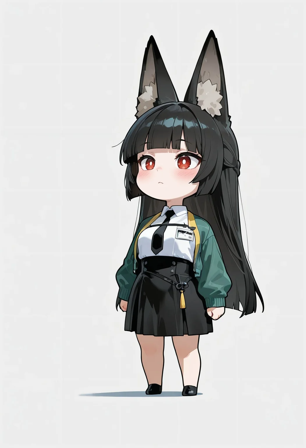 masterpiece,best quality,amazing quality, sharp details, vivid color <lora:miyabi_zzz _ilxl_goofy:1>miyabizzz,bright pupils,1girl, animal ear fluff, animal ears, big eared miyabi \(meme\), black hair, black necktie, black skirt, blunt bangs, blush, chibi, chibi only, dress shirt, fox ears, fox girl, green jacket, high-waist skirt, jacket, long hair, looking ahead, meme, necktie, red eyes, shadow, shirt, sidelocks, simple background, skirt, solo, standing, white background, white shirt