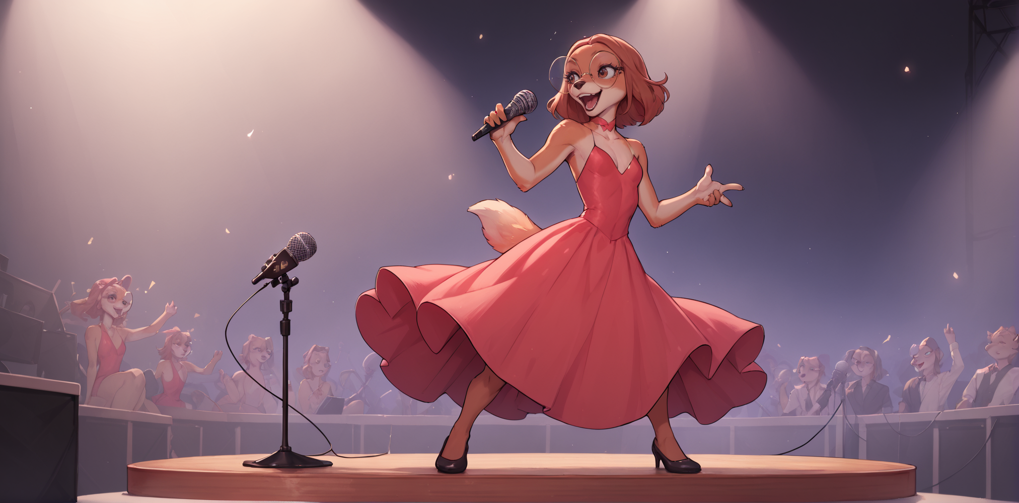 score_9, score_8_up, score_7_up, score_6_up, score_5_up, score_4_up, <lora:SukiLanePXL:1> SukiLanePXL, anthro, brown eyes, round glasses, small breast, evening dress, full body, on stage, singing, microphone, orchestra, opera