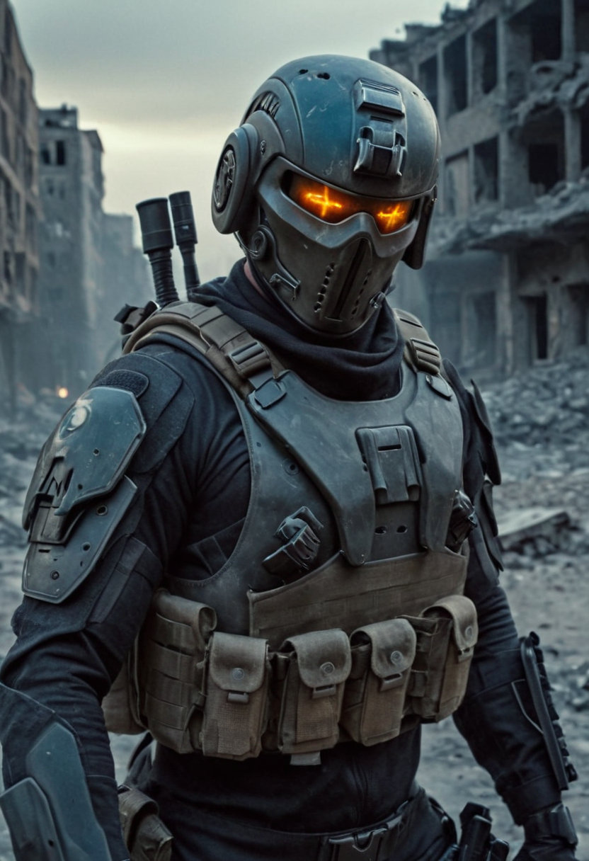 cinematic still D34THSQU4D, a soldier in full tactical gear with a futuristic helmet and glowing eyes stands in a war-torn city. He has weapons mounted on his back . emotional, harmonious, vignette, 4k epic detailed, shot on kodak, 35mm photo, sharp focus, high budget, cinemascope, moody, epic, gorgeous, film grain, grainy, D34THSQU4D, a soldier in full tactical gear with a futuristic helmet and glowing eyes stands in a war-torn city. He has weapons mounted on his back, cool colors, cinematic, dramatic atmosphere, detailed, real, dynamic, highly structured, beautiful, elegant, creative, sharp focus, epic, professional, winning, ambient light, directed, new