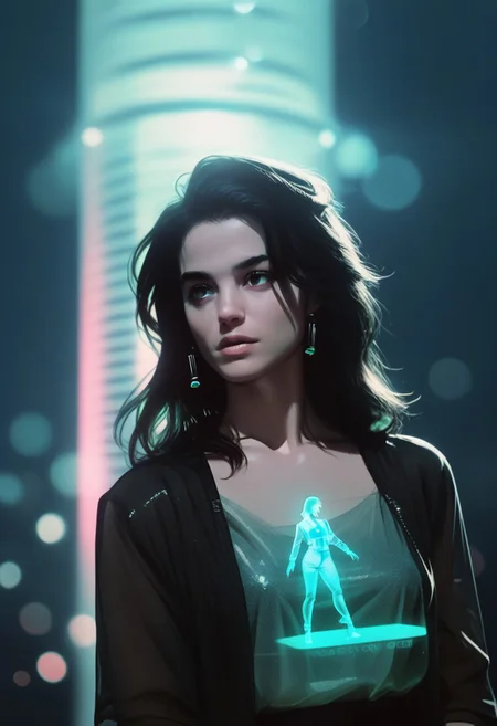 score_9, score_8_up, score_7_up, <lora:Ar3na1989:.55>, ar3na1989, 1girl, dark hair, (hologram), pop singer, (bokeh), sci-fi, dark atmosphere, moody, aesthetic,