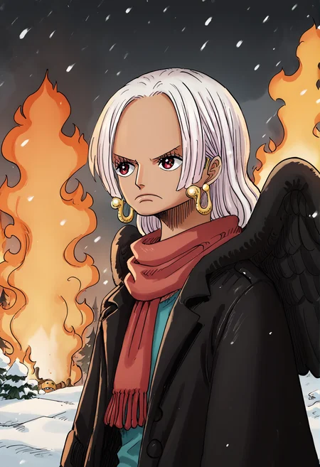 (score_9, score_8_up), score_7_up, zPDXL, S-Snake, 1girl, dark-skinned female, white hair, long hair, star-shaped pupils, earrings, black wings, feathered wings, black mantle, coat, closed coat, looking away, red eyes, red scarf, outdoors, snow, forest, snowing, expressionless, fire, v-shaped eyebrows, <lora:S-Snake_XL_Pony:1>, <lora:onepiecestylev1:1> onepiecestyle